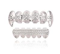 Hip Hop Grillz Set, The Bling 14k White Gold Plated Vampire Fang CZ Iced Out Removable Top & Bottom Teeth Platinum Silver(Silver)