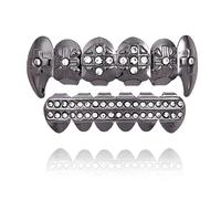 Hip Hop Grillz Set, The Bling 14k White Gold Plated Vampire Fang CZ Iced Out Removable Top & Bottom Teeth Platinum Silver(Black)