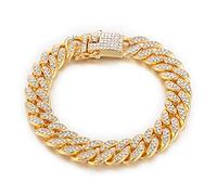 Hip Hop Iced Out Paved Rhinestones 1Set 13MM Silver Color Full Miami Curb Cuban Chain Bling Rapper Necklaces For Men Jewelry-Gold Bracelet,18inches
