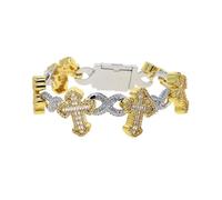 Hip Hop Men Jewelry Two Tone Gold Color Micro Paved 5A Sparking CZ Iced Out Bling Infinity Cross Charm Bracelet, 20cm, Cubic Zirconia, Cubic Zirconia