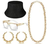 Hip Hop Rapper Costume Set, 5 Pcs Hip Hop Accessories Kit, Golden 80s Hips Hops Fancy Dress Accessories, Golden Necklace, Goldens Sunglasses,Goldens Earrings, Black Fisherman's Hat for Carnival Party