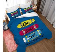 Hip-Hop Skateboarding Style Graffiti Bedding Set Microfiber Zipper Duvet Cover Blue and White Cool Street Skateboard Girl Boy Bedding with Pillowcase (Blue, Single 135x200 cm)
