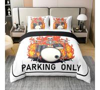 Hip Hop Skull Bedding Set Boys Girls Drummer Music Fire Duvet Cover Drum Skeleton Retro Comforter Cover White Gray Orange Kids Bedroom Decor 3Pcs Double 100% Cotton,No Comforter