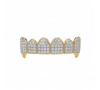 Hip Hop Teeth Grillz Iced Out CZ Vampire Grills Top & Bottom Tooth Set Halloween Cosplay Party Tooth Rapper Gift,Gold,upper teeth
