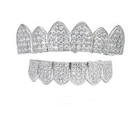 Hip Hop Teeth Grillz Iced Out Zircon Vampire Grills Top Bottom Grill Set for Men Women,Silver,Set