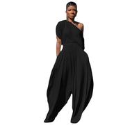 Hip Hop Women 2pcs Set Off Shoulder T-Shirt Tops and Loose Haren Pants Suit Sweatsuit Tracksuit Two Piece Set Outfits, Black, L
