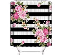 hipaopao Floral Stripe Shower Curtain Pink Flower Fabric Shower Curtain Sets Bathroom Decor with Hooks Waterproof Washable 72 x 72 inches Black White Green