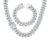 HIPBLING Miami Cuban Link Chain Bracelet Set for Men Rhinestone 2 Pcs Cuban Necklace Bracelet Silver Plated 20mm Iced Out Cuban Chain for Men Women Jewelry Set Gift, 24 inches / 8 inches, Zinc, No