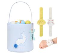 HiPeep Easter Basket with Embroidered Bunny Pattern and 3D Tail, Personalized Bunny Name Tags Bunny Bucket with Handle, Reusable Easter Egg Hunt Gift Bag for Candy & Spring Decorations