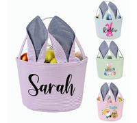 HiPeep Personalized Easter Bunny Ear Basket with Custom Name & Bunny Design - Customizable Egg Hunt Bucket with Handle, Reusable Candy & Toy Bag for Easter Gift Idea
