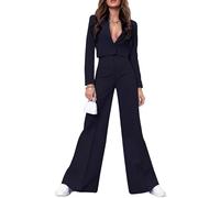 HipGlamp Women's Formal Long Sleeve Cropped Blazer & Wide-Leg Pant Suit Set with Deep V Neck Business to Cocktail Elegant, Dark Blue, Small