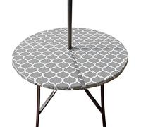 Hipinger Vinyl Round Fitted Tablecloth with Zipper and Umbrella Hole, Outdoor Oil Waterproof Stain Resisteant PVC Table Cover for Party, Picnic and Patio 45-56 Inch, Grey Moroccan