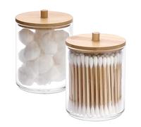 Hipiwe 2 Packs Acrylic Qtip Holder Clear Bathroom Dispenser with Lid Plastic Bathroom Canisters Round Apothecary Jar Set Cotton Swab and Ball Storage Organizer for Makeup Sponges, Bath Salts