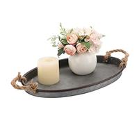 Hipiwe Galvanized Metal Iron Oval Tray with Rope Handle Farmhouse Serving Tray Rustic Industrial Decorative Centerpiece for Coffee Table Weddings and Parties Decor, Large
