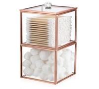 Hipiwe Glass Qtip Dispenser Holder with Lid, 2 Tiers Stackable Cotton Ball Holder Vanity Countertop Organizer Jars Gold Bathroom Containers for Makeup Pads Cotton Swab, Rose Gold