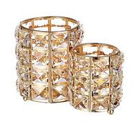 Hipiwe Gold Bling Crystal 2-Slot Makeup Brush Organizer Round Remote Control Holder Cosmetic Brush Tools Comb Pen Pencil Storage Pot Cup for Vanity, Office, Home Decor