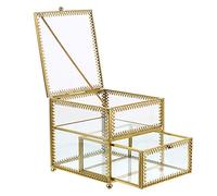 Hipiwe Vintage Glass Jewelry Trinket Box - Geometric Golden Vanity Organizer holder with Drawer, Decorative Jewelry Display Case for Storage Bracelets Necklace Watch Rings