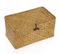 Hipiwe Wicker Shelf Baskets Bin with Lid, Handwoven Seagrass Basket Storage Bins Rectangular Household Basket Boxes for Shelf Wardrobe Home Organizer, Caramel Medium