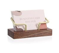 Hipiwe Wood Business Card Holder for Desk Gold Metal Business Card Display Stand Walnut Wooden Business Card Stand Organizer for Office Tabletop
