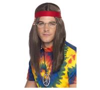 NEW 60s 70s Hippie Instant Kit w/Wig, Glasses, Medalion & Headband Fancy Dress