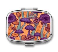 Hippie Art Mushrooms Pill Box 2 Compartments Portable Travel Pill Case Mini Medicine Organizer for Pocket Purse Metal Waterproof Medicine Container Holder Vitamin Fish Oil