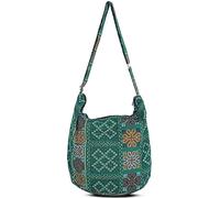 Hippie Boho Crossbody Bag for Women - Handmade Cotton Sling Messenger Purse | Lightweight Earthy Style Everyday Shoulder Bag Black (Tribe-Seagreen)