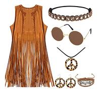 Hippie Costume Clothes Accessories for Women, 70s Fancy Dress Hippy Set with Fringe Vest Boho Headband Bracelet Leopard Earring Necklace Vintage Sunglasses 60s 70s Disco Outfits for Carnival-M
