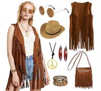 Hippie Costume for Women, 70s Fancy Dress Women, 70s Costumes with Fringe Vest, Hippie Accessories Set Outfits for Halloween Carnival Costume (XL)
