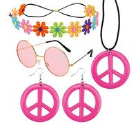 Hippie Costume Set,5 Pieces 60s 70s Hippie Hippy Dressing Accessory Hippie Party Supplies Fancy Dress Hippie Glasses Peace Sign Necklace Peace Earring for Kids Adults Hippie Retro Party (Rose red)