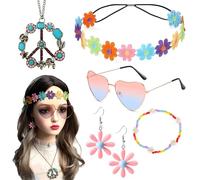 Hippie Costume Set, 6 Pieces 60s 70s Hippie Hippy Dressing Accessory Hippie Party Supplies Fancy Dress Hippie Glasses Peace Sign Necklace Peace Earring for Kids Adults Hippie Retro Party