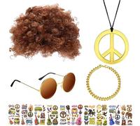 Hippie Costume Set, 60s 70s 80s Fancy Dress Men, Hippy Fancy Dress for Men Women, Funny Funky Afro Wigs, Sunglasses, Fake Gold Chain, Hippie Tattoos, Disco Accessories for Halloween Cosplay Party