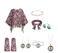 Hippie Costume Women Set 8 Pcs 70S Fancy Dress Plus Size Abba Outfits Disco Hippy Clothes with Poncho Hippie Cape Legs Warmers Headband Sunglasses Earrings Necklace Bracelet for Festival Party