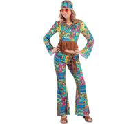 Blue Flower Power Hippy Costume Ladies 60s 70s Fancy Dress Outfit UK 8-14