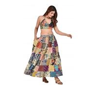 Hippie Forever Women's Boho Patch Work Indian High Waist Elastic Maxi Skirt with Pocket, Natural