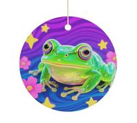Hippie Frog Double-Sided Ceramic Christmas Ornaments - Round Hanging Mini Xmas Tree Decorations, Ideas for Farmers, Rustic Home Decor for Indoor Outdoor Tree Decor