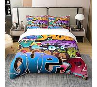 Hippie Graffiti Style 100% Cotton Duvet Cover Double Size Hip Hop Decor Bedding Cotton Duvet Cover Set for Bedroom Graffiti Graphic Street Culture Grunge Art Bedding Set