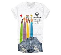 Hippie Imagine All The People T-Shirt for Women, Peace Sign Rainbow Hands Graphic Tee, Casual Loose Fit Short Sleeve Crew Neck Cotton Top for Music Festival Party (White, XL)