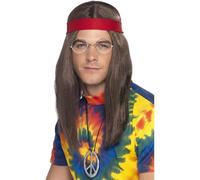 Smiffys Hippie Man Kit, Brown with Wig, Specs, Medallion & Headband, 1960's Groovy Fancy Dress, Adult Dress Up Accessories Halloween
