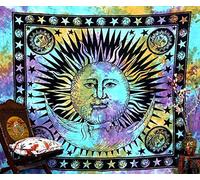 Hippie Mandala Sun and Moon Maditation Tapestry Wall Hanging - Psychedelic Celestial Indian Gypsy Hippy Bohemian Popular Mystic Tie dye Beach Blanket Multi