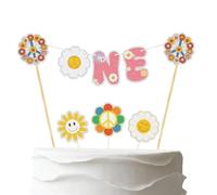 Hippie One Cake Topper Banner,Pre-Strung Boho Daisy Flower Sun Peace 1st Cake Decor, Hippie 60s Retro Theme Baby Shower First Birthday Party Decorations