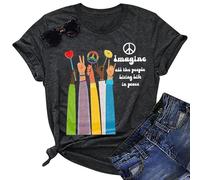 Hippie Peace Sign Shirts for Women 60s 70s Imagine All The People Living Life in Peace Tshirt Short Sleeve Tee Tops, Dark Grey, S