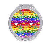 Hippie Peace Signs Flowers Red Hearts Rainbow Stripes Folding Make Up Mirror, Compact 2X/1X Magnification Mirror, Women Portable Travel Makeup Mirror 2.4 x 2.4 inch