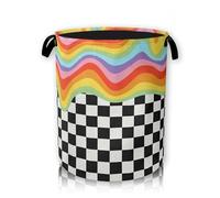 Hippie Rainbow Large Storage Basket, Grey White Plaid Laundry Hamper/Bathroom/Home Decor/Collapsible Round Storage Bin,Boys Girls Dirty Clothes Hamper/Boxes/Toys Storage 66L