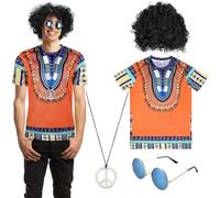 Hippie Shirt, Black Afro Wig, Peace Sign Necklace, Sunglasses, Vintage Dressing Accessories, Four Pcs Hippie Costume Set, 60S 70S Retro Men'S Outfits Kit, M-Size, Dress Party Supplies