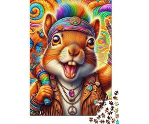 Hippie Squirrel Peace Sign Jigsaw Puzzles Puzzles for Adults Kids. 1000 Pieces Great Gifts Challenge Toy Educational Games Home Decoration for Educational Games Gifts 70x50cm/1000pcs