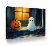 Hippie Style Canvas Wall Art Print Halloween Night Cottage White Ghost and Pumpkin Poster Painting Picture Artwork for Nursery Decor 60x90cm Innerframe