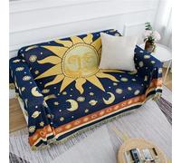 Hippie Throw Blanket Sun Moon Stars Boho Throw Blankets Celestial Tapestry Double-Sided Reversible Woven Cotton Home Decor Bedding Chair Couch Recliner Cover Oversized Tassels Astrology 70"x90"