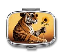 Hippie Tiger Pill Box - 2 Compartment Travel Pill Organizer with Small Mirror, Portable Pillcase for Pocket & Purse, Cute Square Medicine Case, Weekly Medicine Container