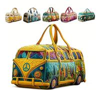 Hippie Van Quilted Duffle Bag - Boho Weekend Bag with Adjustable Shoulder Strap, Retro Style for Women, Ideal for Short Trips, Handy Travel Bag for Holiday & Party, d, Bohemian
