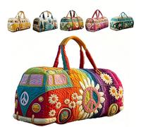 Hippie Van Quilted Duffle Bag - Boho Weekend Bag with Adjustable Shoulder Strap, Retro Style for Women, Ideal for Short Trips, Handy Travel Bag for Holiday & Party, E, Bohemian